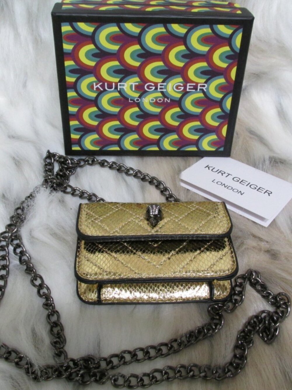 P3187-NIB Gold Quilted Kurt Geiger Micro Bag-Gunmetal Chain Crossbody Strap